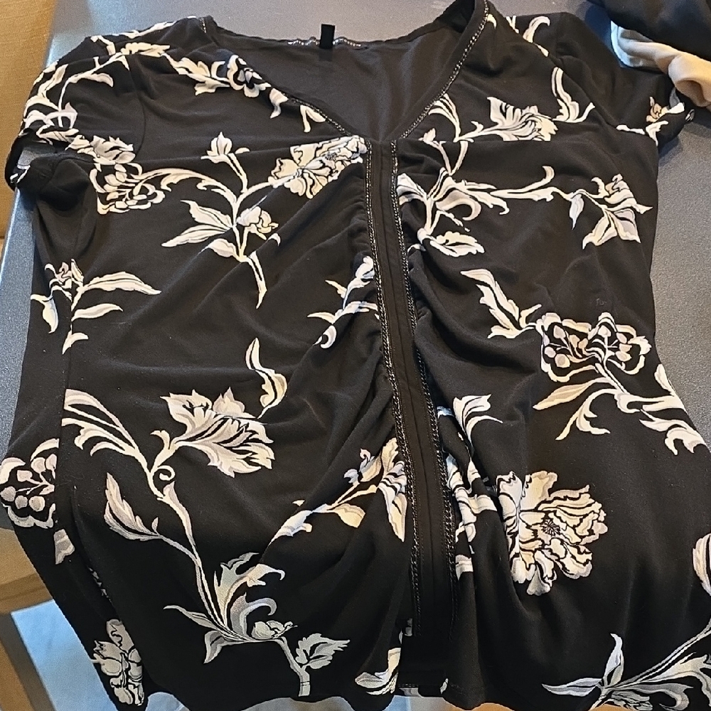 White House Black Market Black Top with White Floral Design